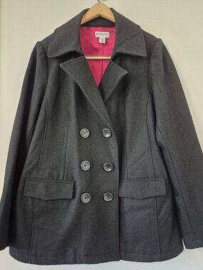 Maternity L Black Wool Blend Double-Breasted Peacoat Classic Dark Academia Mod